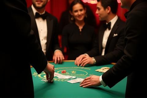 Guests in formal black tie attire enjoying a game of blackjack