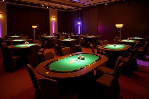 Elegant corporate casino event setup with multiple tables and professional lighting
