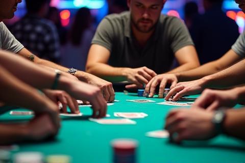Guests playing poker at a vibrant table, chips and cards visible, intense moment captured