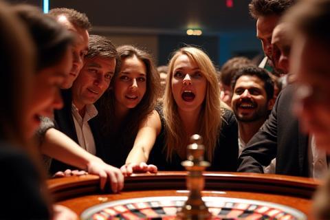 Guests gathered excitedly around a roulette table watching the ball spin