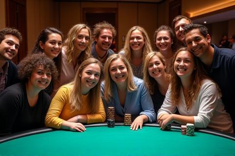 Team building group photo at casino tables, smiling and having fun