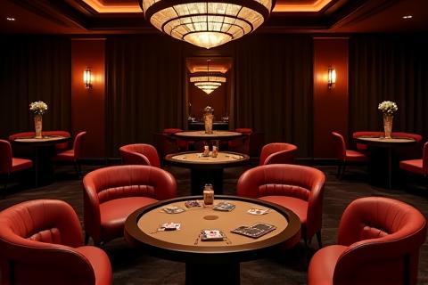 Stylish VIP lounge area with comfortable seating and card tables set up