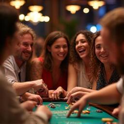 Happy guests laughing and playing casino games at an event