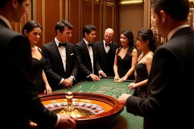 Guests in formal wear playing roulette at a sophisticated corporate event