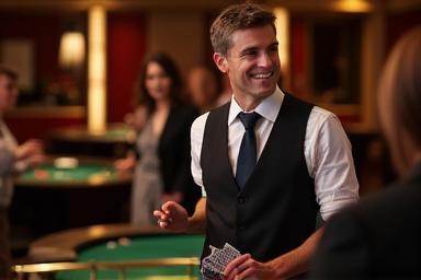 Professional casino dealer interacting with guests and smiling during a game