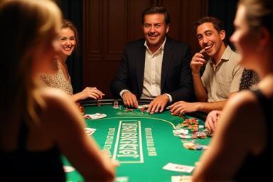 People enjoying a blackjack table at a private party with laughter and interaction
