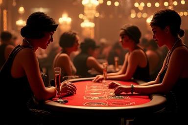 Guests in 1920s costumes playing at a themed casino party with period decorations